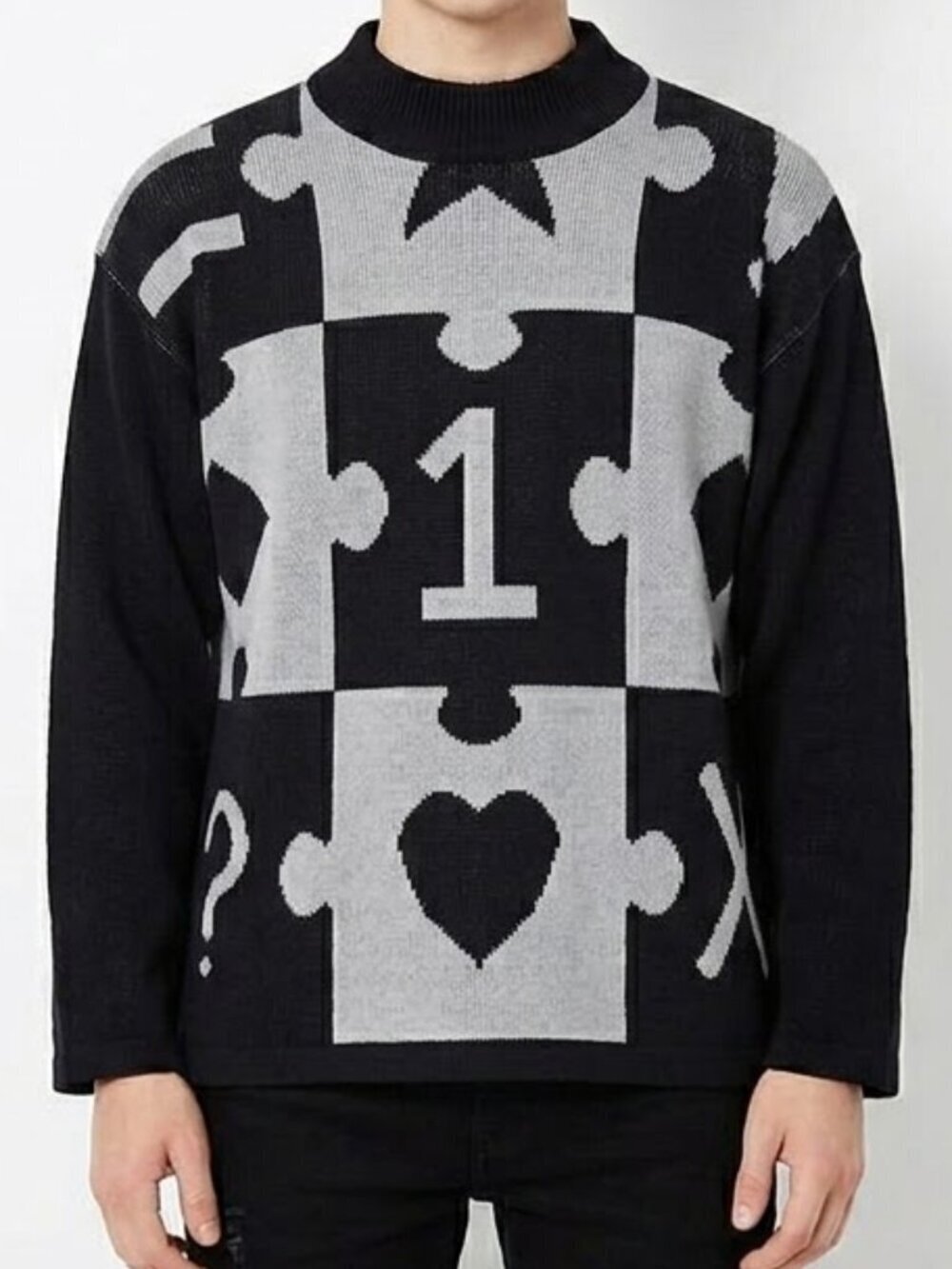 Carroll Elegance Eclectic Crewneck Sweater Monochrome Puzzle Piece Size Large